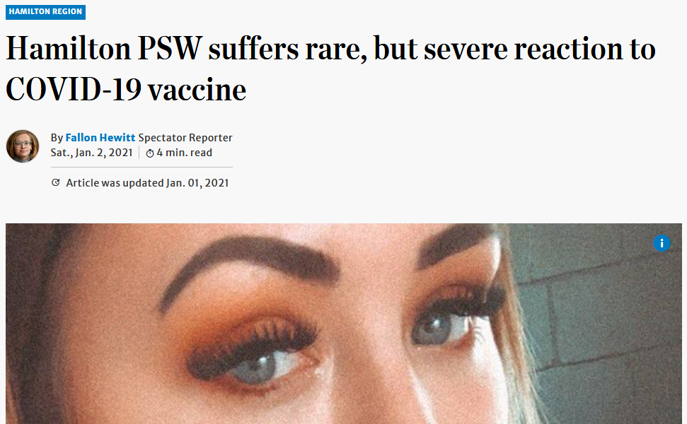 Hamilton PSW suffers rare, but severe reaction to COVID-19 vaccine